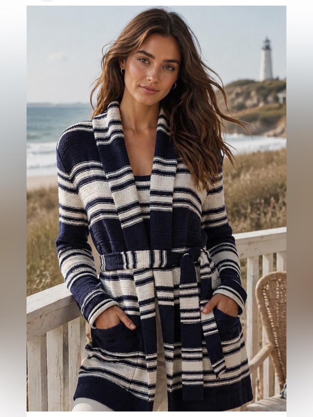 Ralph Lauren Navy and White Striped Shawl-Collar Belted Cardigan
